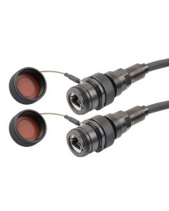 IP68 Ruggedized Cat6 Cable, Jack to Jack, E-Nickel Finish 24AWG STR CM/CMX FR-TPE BLK w/ Dust Caps, 0.5M