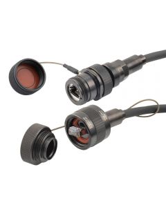 IP68 Ruggedized Cat6 Cable, Plug to Jack, E-Nickel Finish 24AWG STR CM/CMX FR-TPE BLK w/ Dust Caps, 0.5M