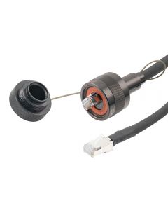 IP68 Ruggedized Cat6 Cable, Plug to RJ45, E-Nickel Finish 24AWG STR CM/CMX FR-TPE BLK w/ Dust Caps, 1.0M