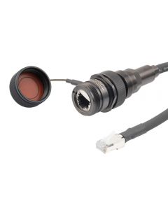 IP68 Ruggedized Cat6 Cable, Jack to RJ45, E-Nickel Finish 24AWG STR CM/CMX FR-TPE BLK w/ Dust Caps, 0.5M